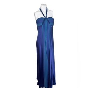Marc Bouwer Purple and Green Ruched Halter Maxi Dress